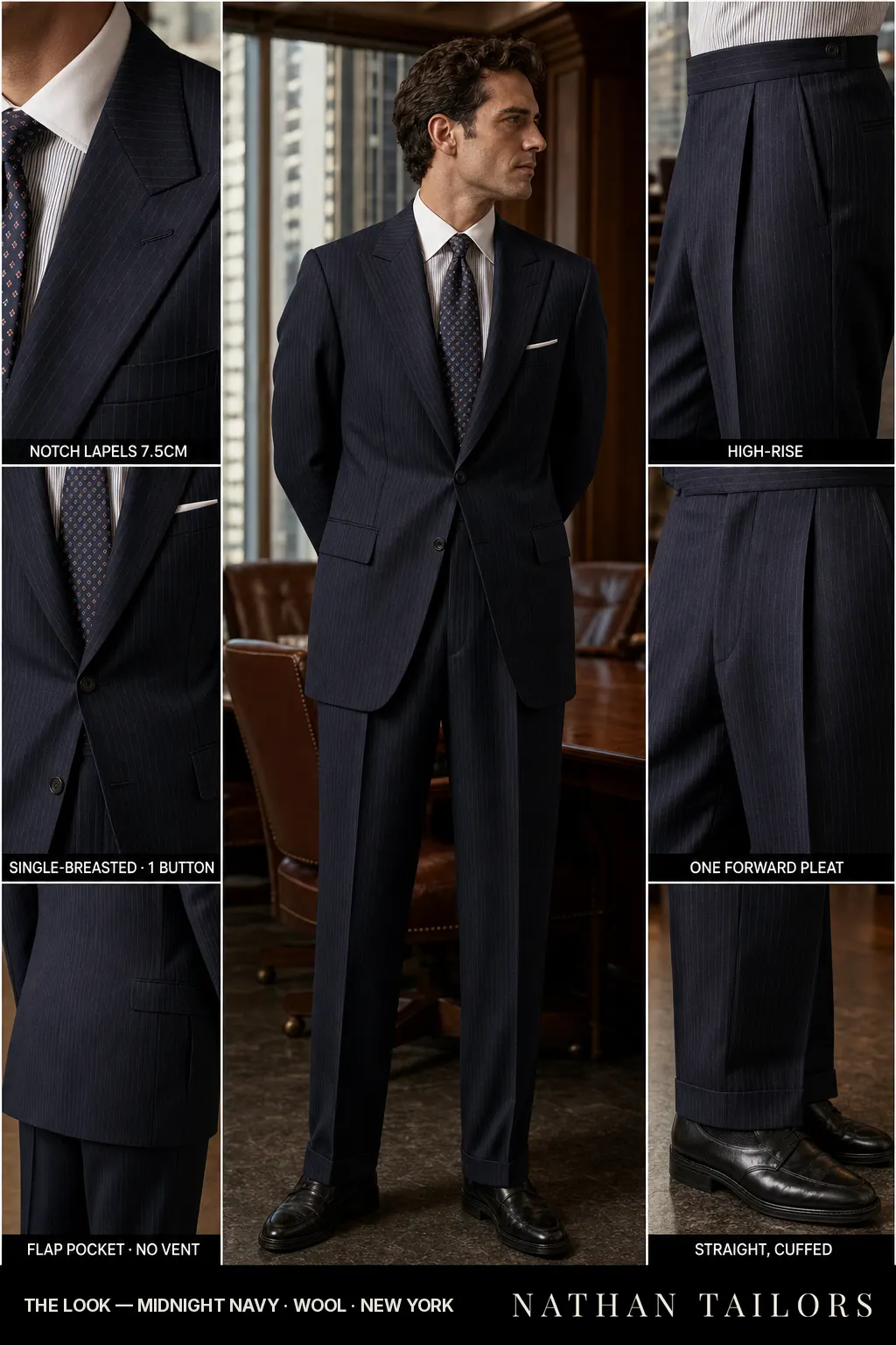 midnight navy pinstripe single-breasted notch-lapel bespoke suit โ AI-rendered by Nathan Tailors, the Hoi An custom tailor. Available as a custom tailored suit from $149.