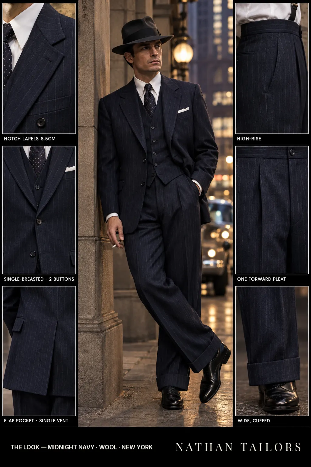 midnight navy pinstripe single-breasted notch-lapel bespoke suit โ AI-rendered by Nathan Tailors, the Hoi An custom tailor. Available as a custom tailored suit from $149.