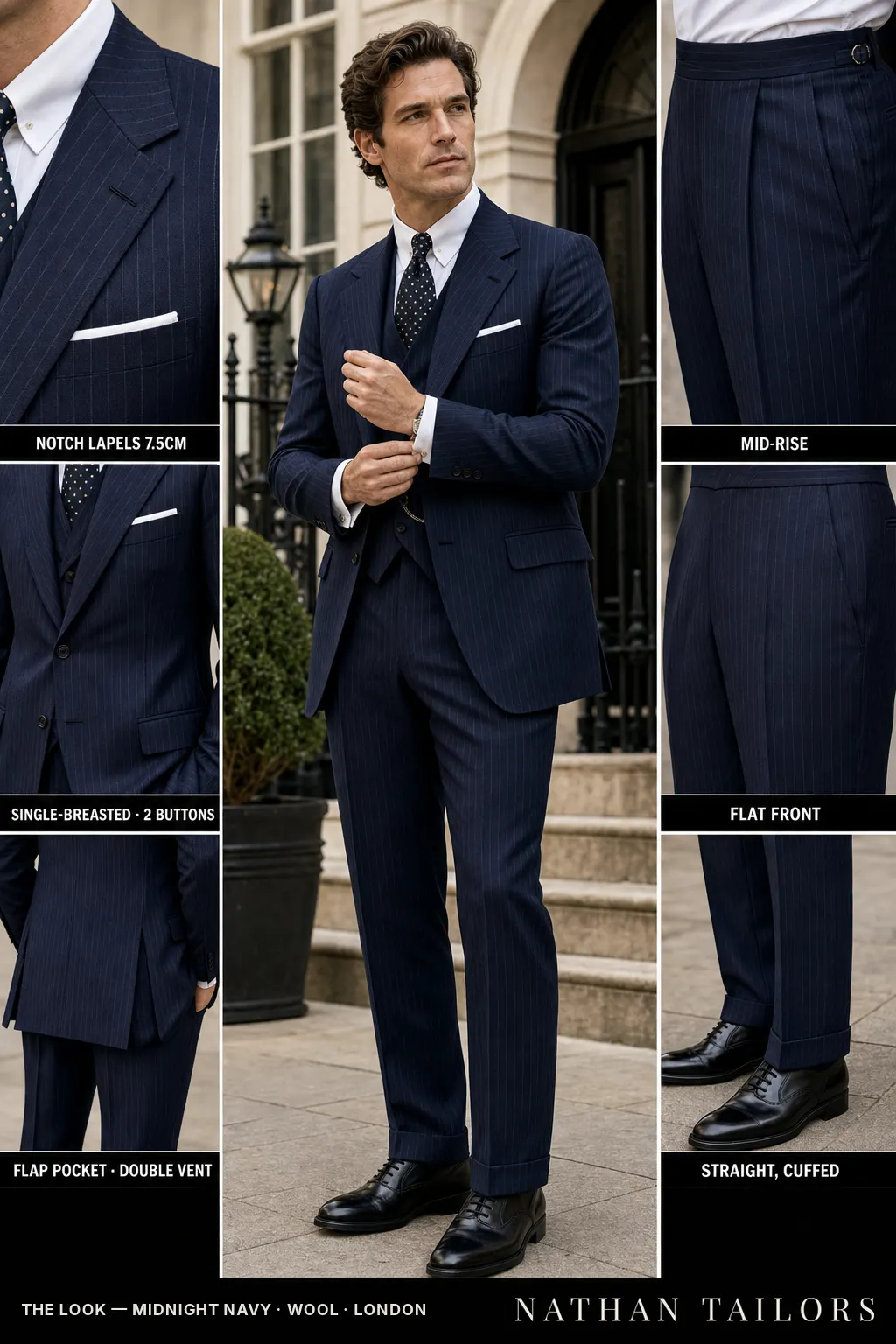 midnight navy pinstripe single-breasted notch-lapel bespoke suit — AI-rendered by Nathan Tailors, the Hoi An custom tailor. Available as a custom tailored suit from $149.