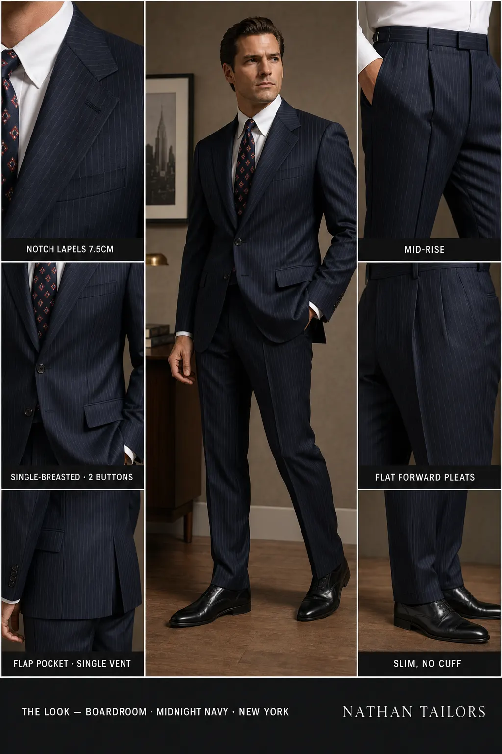 midnight navy pinstripe single-breasted notch-lapel bespoke suit — AI-rendered by Nathan Tailors, the Hoi An custom tailor. Available as a custom tailored suit from $149.