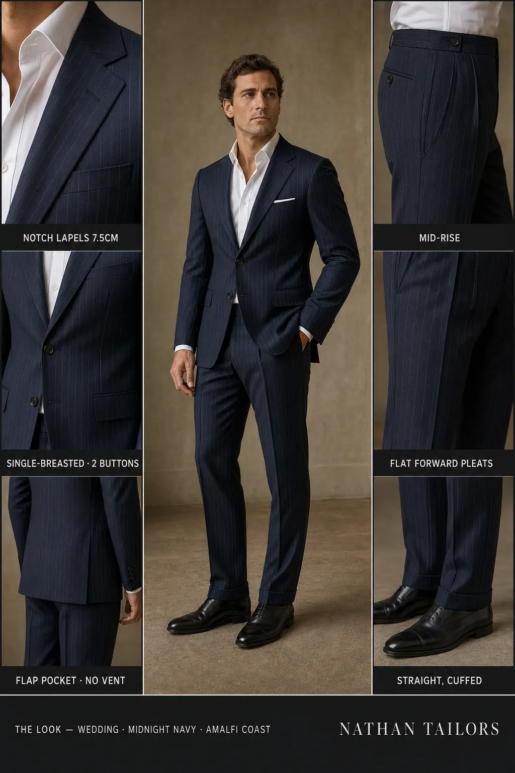 midnight navy pinstripe single-breasted notch-lapel bespoke suit — AI-rendered by Nathan Tailors, the Hoi An custom tailor. Available as a custom tailored suit from $149.