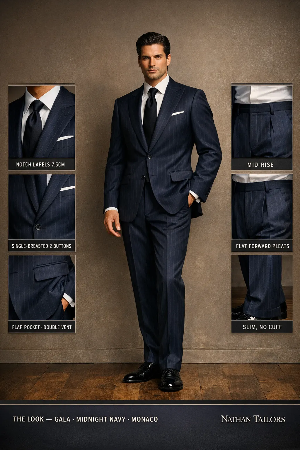 midnight navy pinstripe single-breasted notch-lapel bespoke suit — AI-rendered by Nathan Tailors, the Hoi An custom tailor. Available as a custom tailored suit from $149.