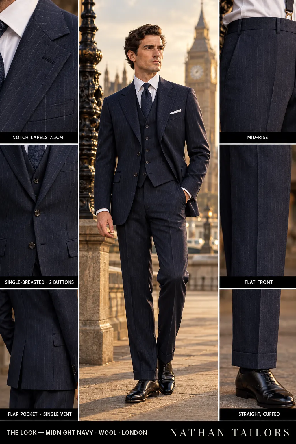 midnight navy pinstripe single-breasted bespoke suit โ custom tailored by Nathan Tailors, the Hoi An custom tailor
