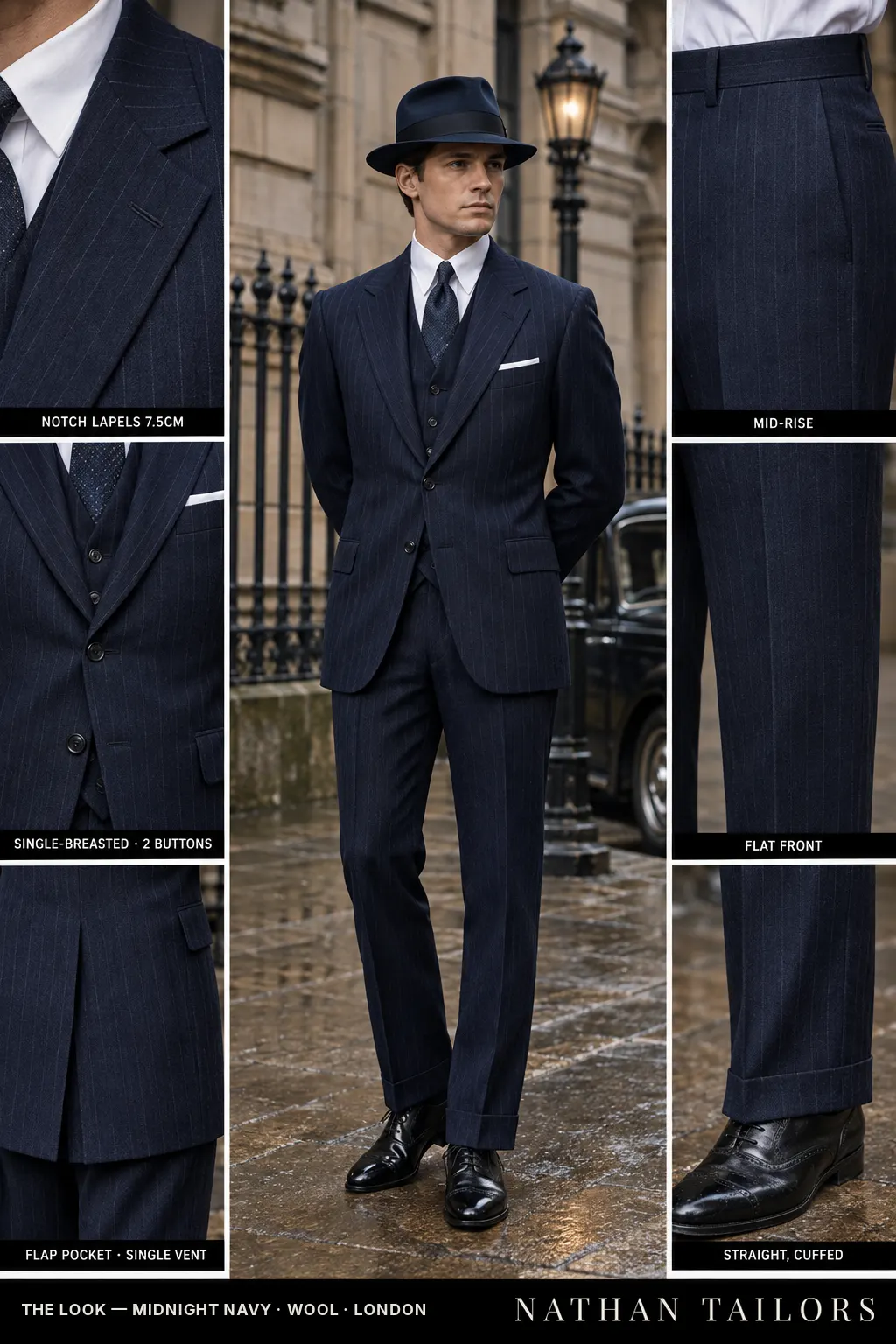 midnight navy pinstripe single-breasted bespoke suit โ custom tailored by Nathan Tailors, the Hoi An custom tailor
