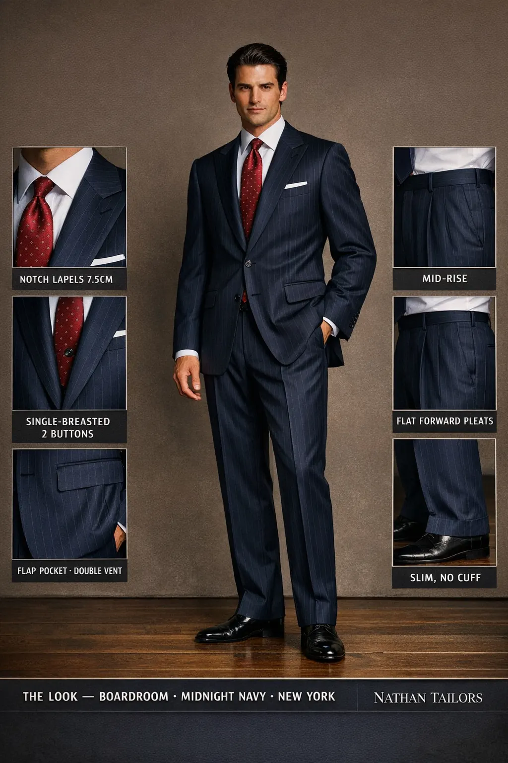 midnight navy pinstripe single-breasted notch-lapel bespoke suit — AI-rendered by Nathan Tailors, the Hoi An custom tailor. Available as a custom tailored suit from $149.