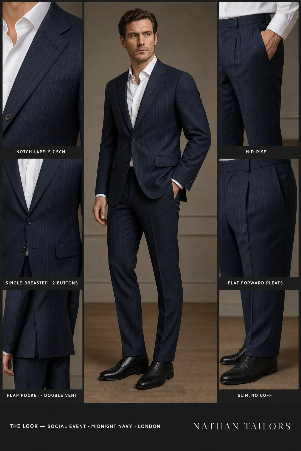 midnight navy pinstripe single-breasted notch-lapel bespoke suit — AI-rendered by Nathan Tailors, the Hoi An custom tailor. Available as a custom tailored suit from $149.