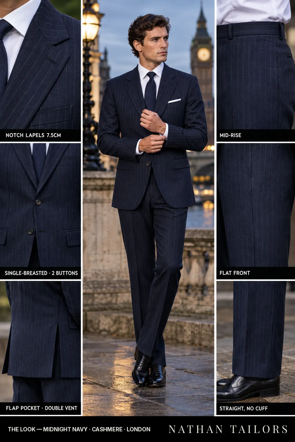 midnight navy pinstripe single-breasted bespoke suit โ custom tailored by Nathan Tailors, the Hoi An custom tailor