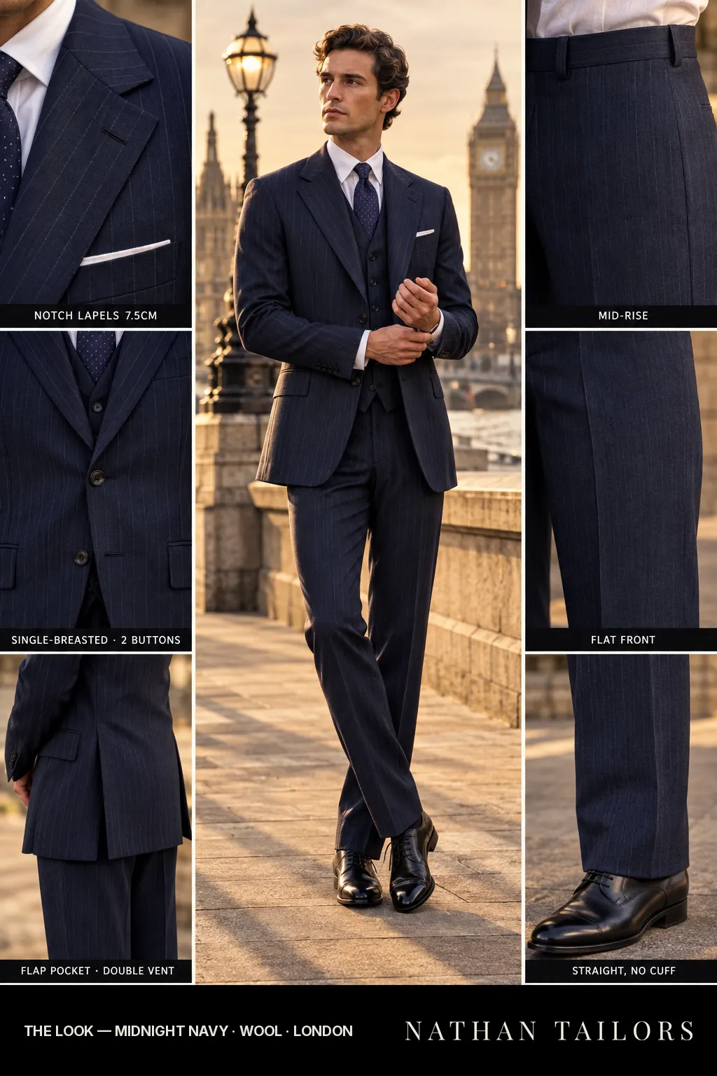 midnight navy pinstripe single-breasted bespoke suit โ custom tailored by Nathan Tailors, the Hoi An custom tailor