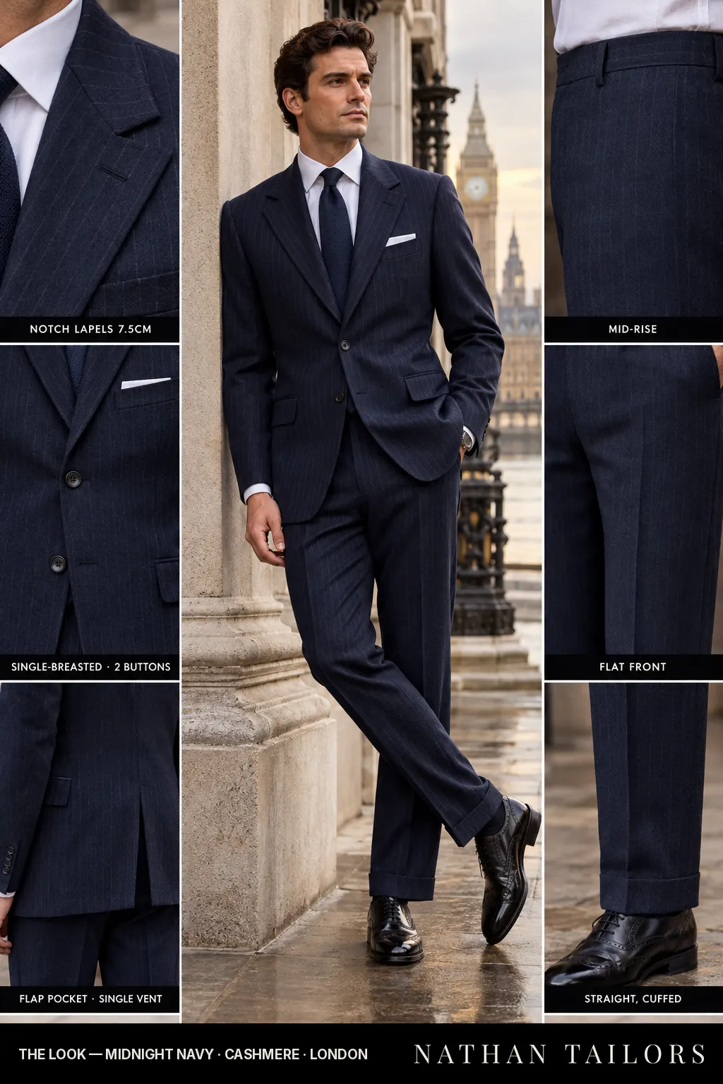 midnight navy pinstripe single-breasted bespoke suit โ custom tailored by Nathan Tailors, the Hoi An custom tailor