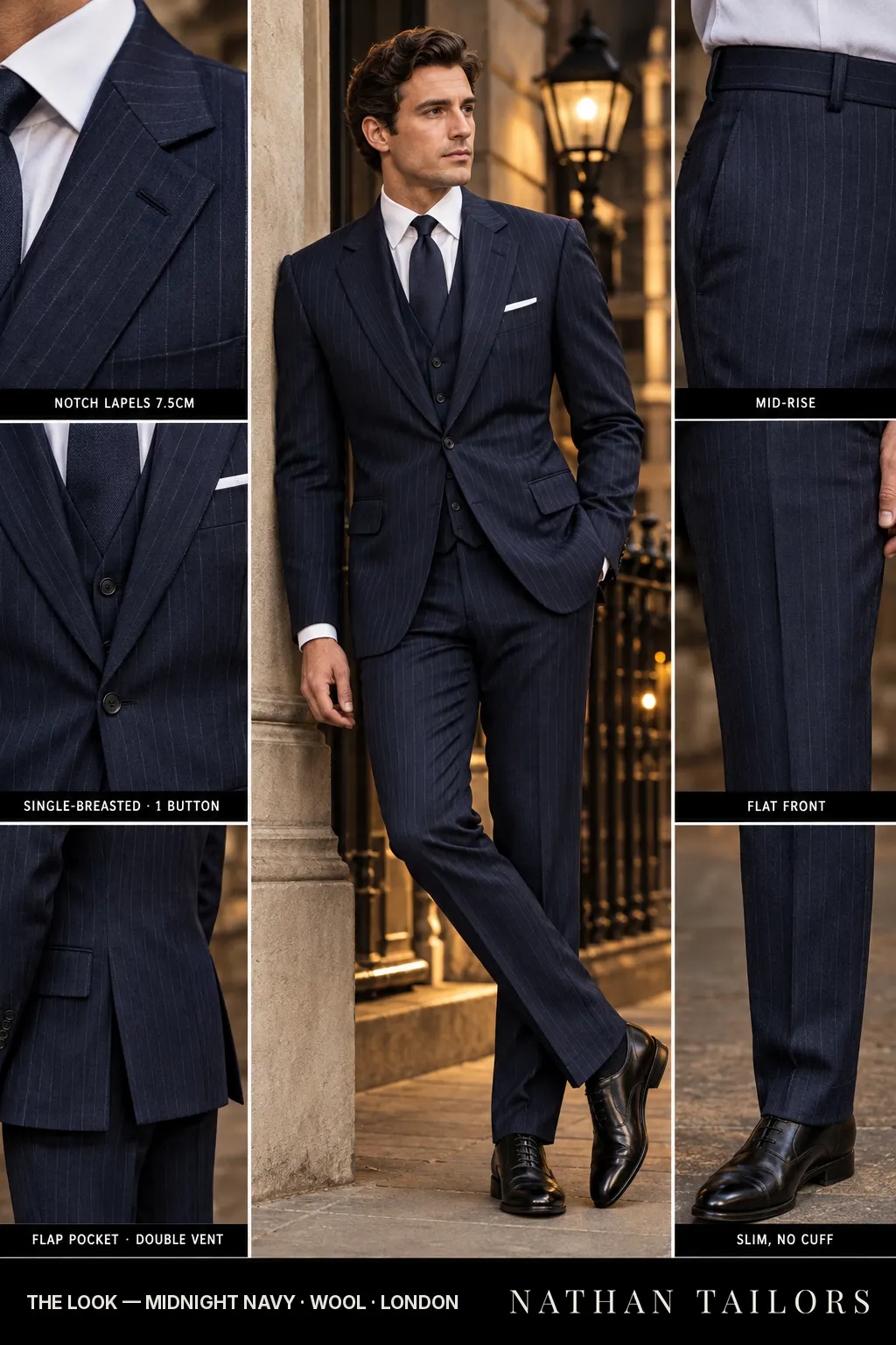 midnight navy pinstripe single-breasted bespoke suit — custom tailored by Nathan Tailors, the Hoi An custom tailor