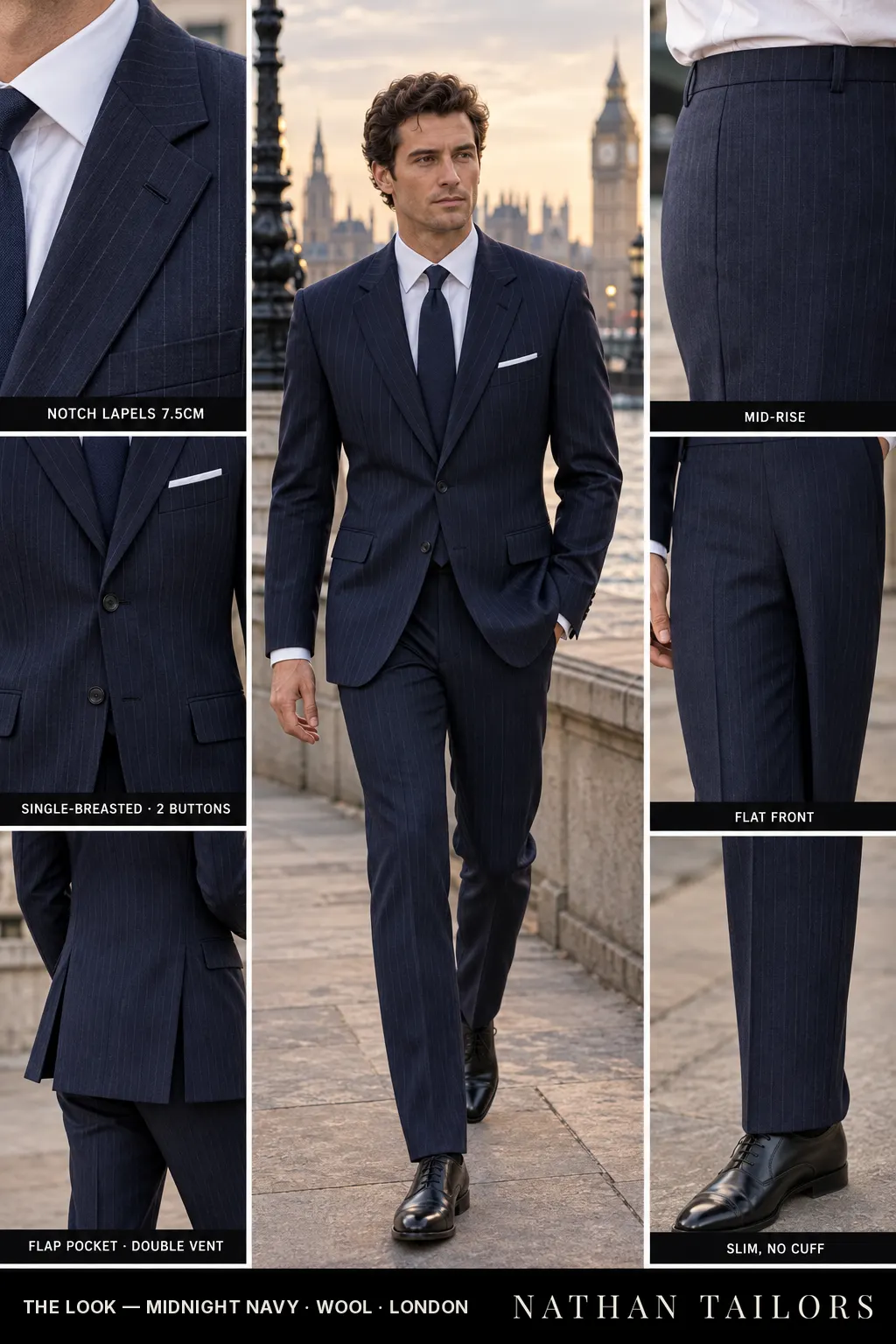 midnight navy pinstripe single-breasted bespoke suit โ custom tailored by Nathan Tailors, the Hoi An custom tailor