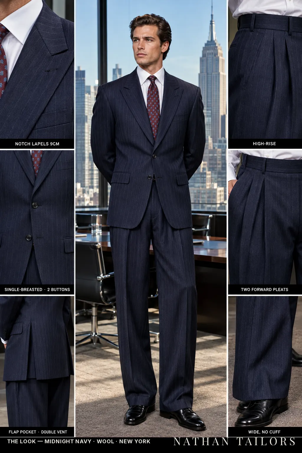 midnight navy pinstripe single-breasted notch-lapel bespoke suit โ AI-rendered by Nathan Tailors, the Hoi An custom tailor. Available as a custom tailored suit from $149.