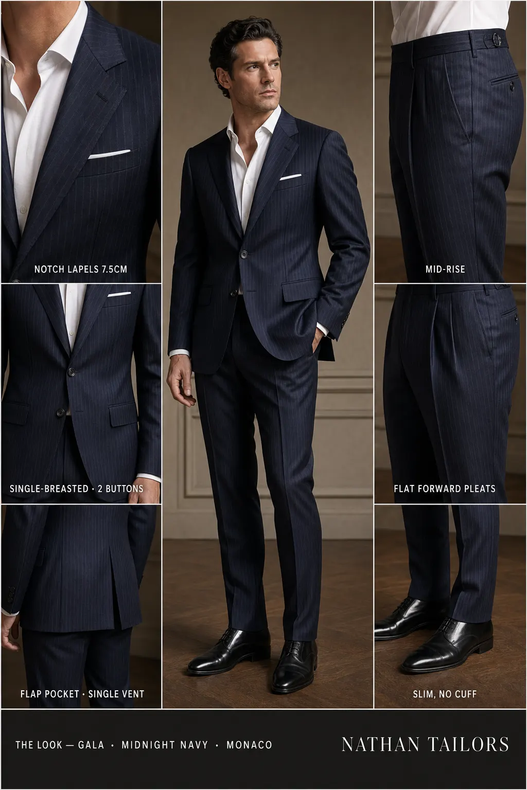 midnight navy pinstripe single-breasted notch-lapel bespoke suit — AI-rendered by Nathan Tailors, the Hoi An custom tailor. Available as a custom tailored suit from $149.
