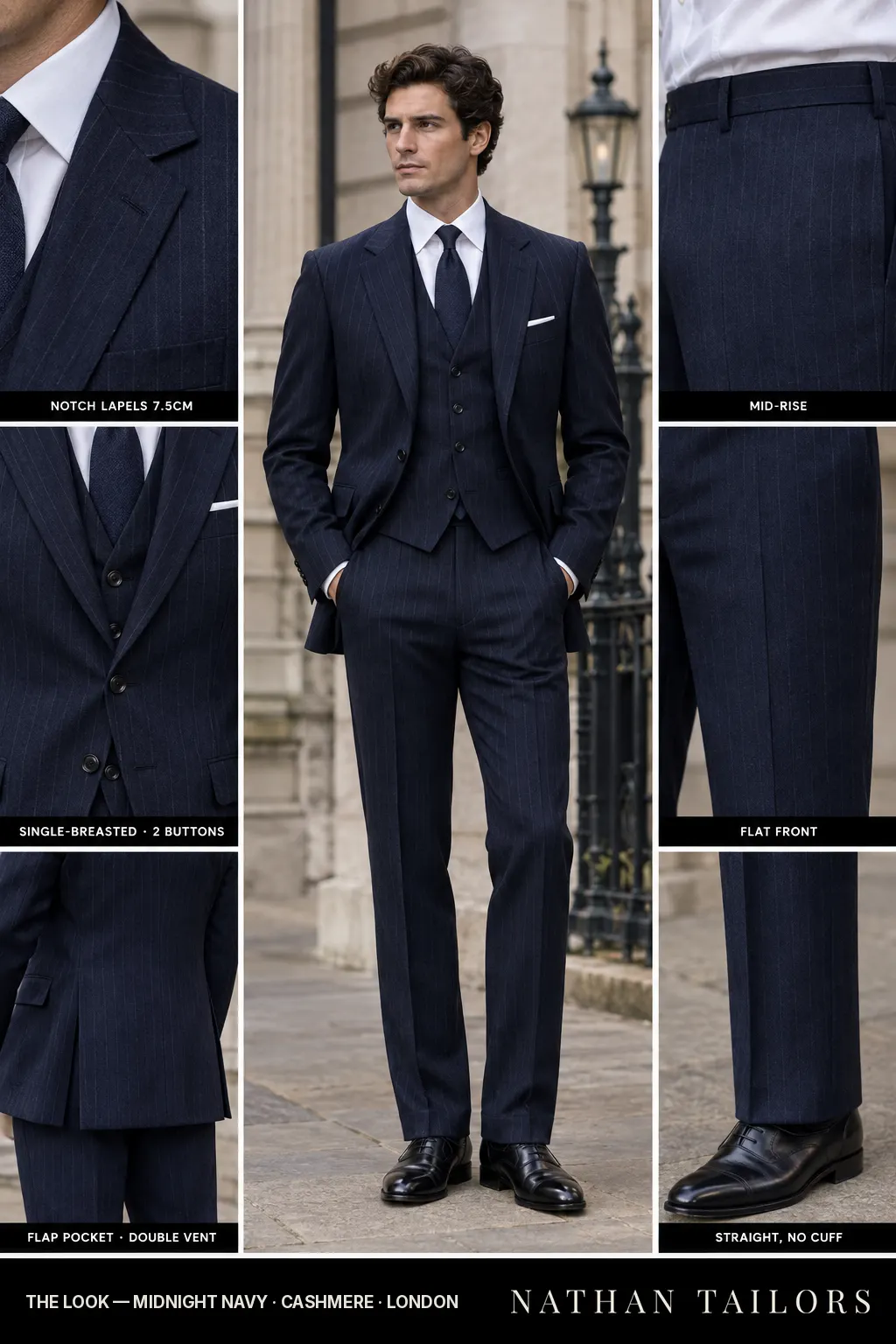 midnight navy pinstripe single-breasted bespoke suit โ custom tailored by Nathan Tailors, the Hoi An custom tailor