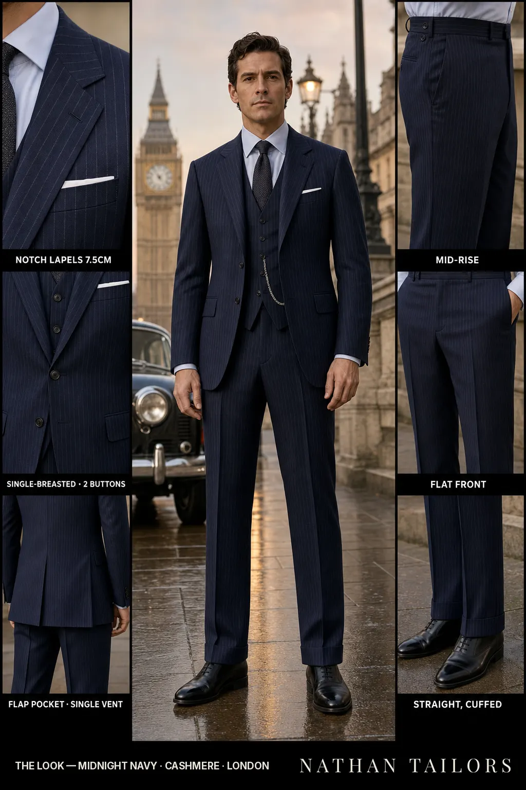 midnight navy pinstripe single-breasted bespoke suit — custom tailored by Nathan Tailors, the Hoi An custom tailor