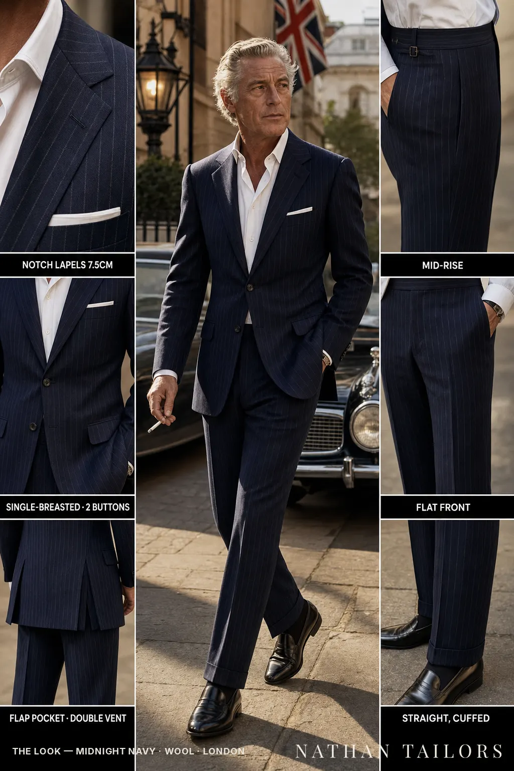midnight navy pinstripe single-breasted notch-lapel bespoke suit — AI-rendered by Nathan Tailors, the Hoi An custom tailor. Available as a custom tailored suit from $149.