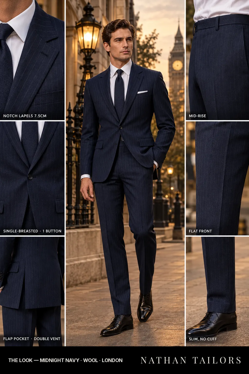midnight navy pinstripe single-breasted bespoke suit — custom tailored by Nathan Tailors, the Hoi An custom tailor
