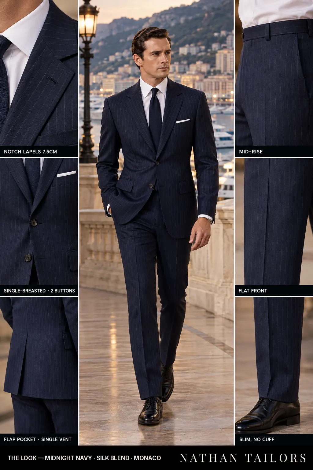 midnight navy pinstripe single-breasted bespoke suit โ custom tailored by Nathan Tailors, the Hoi An custom tailor