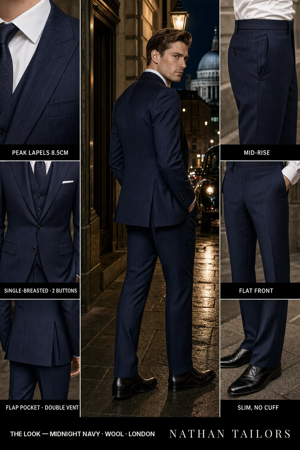midnight navy pinstripe single-breasted peak-lapel bespoke suit โ AI-rendered by Nathan Tailors, the Hoi An custom tailor. Available as a custom tailored suit from $149.