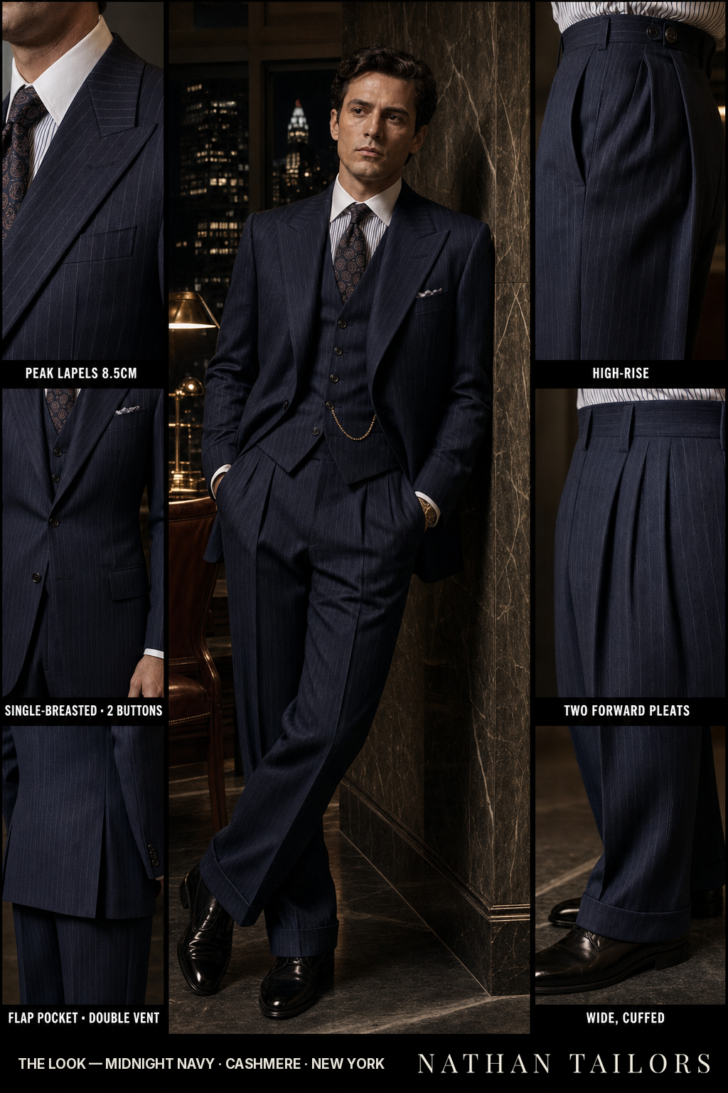 midnight navy pinstripe single-breasted bespoke suit — custom tailored by Nathan Tailors, the Hoi An custom tailor