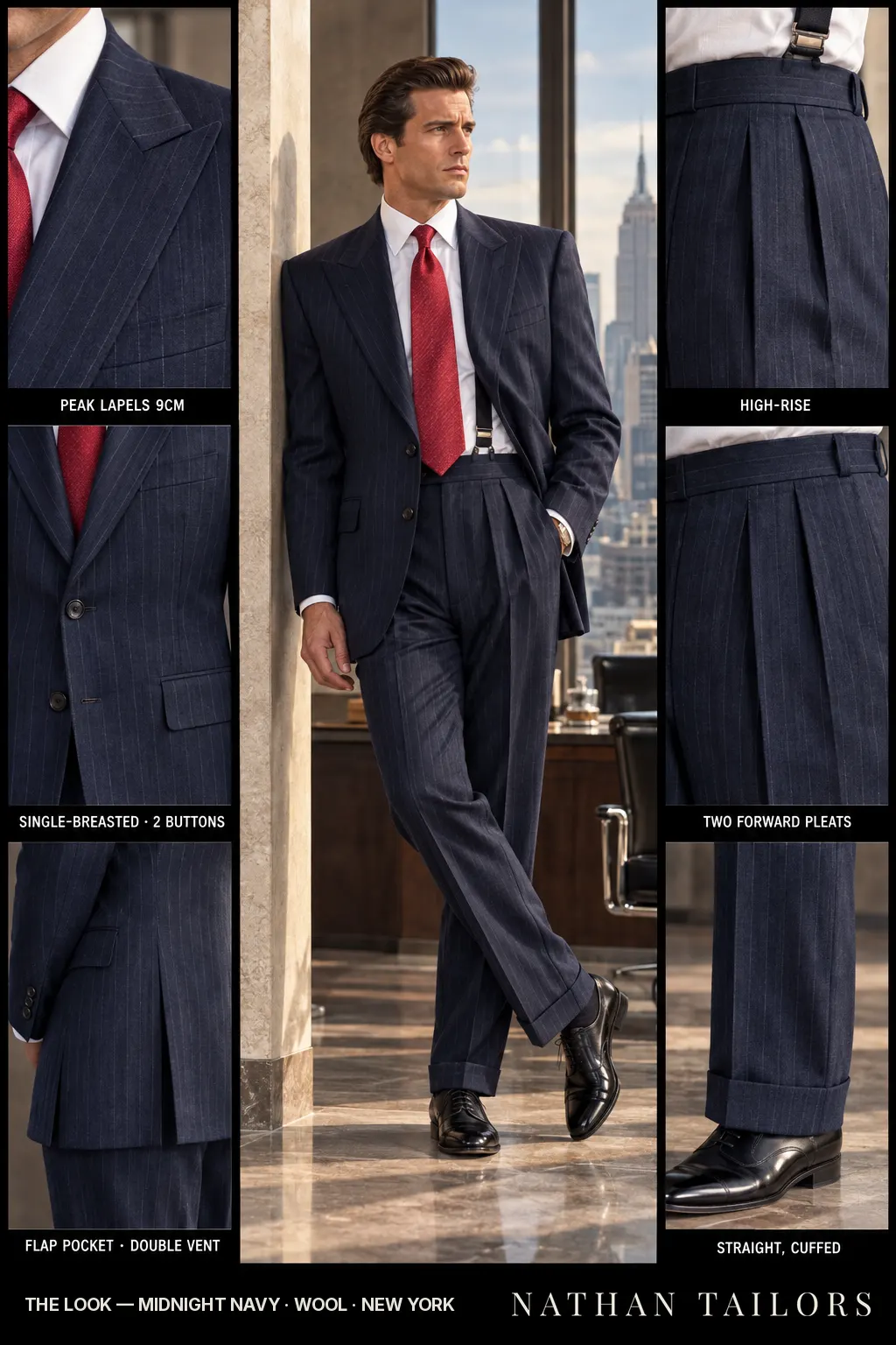 midnight navy pinstripe single-breasted bespoke suit โ custom tailored by Nathan Tailors, the Hoi An custom tailor