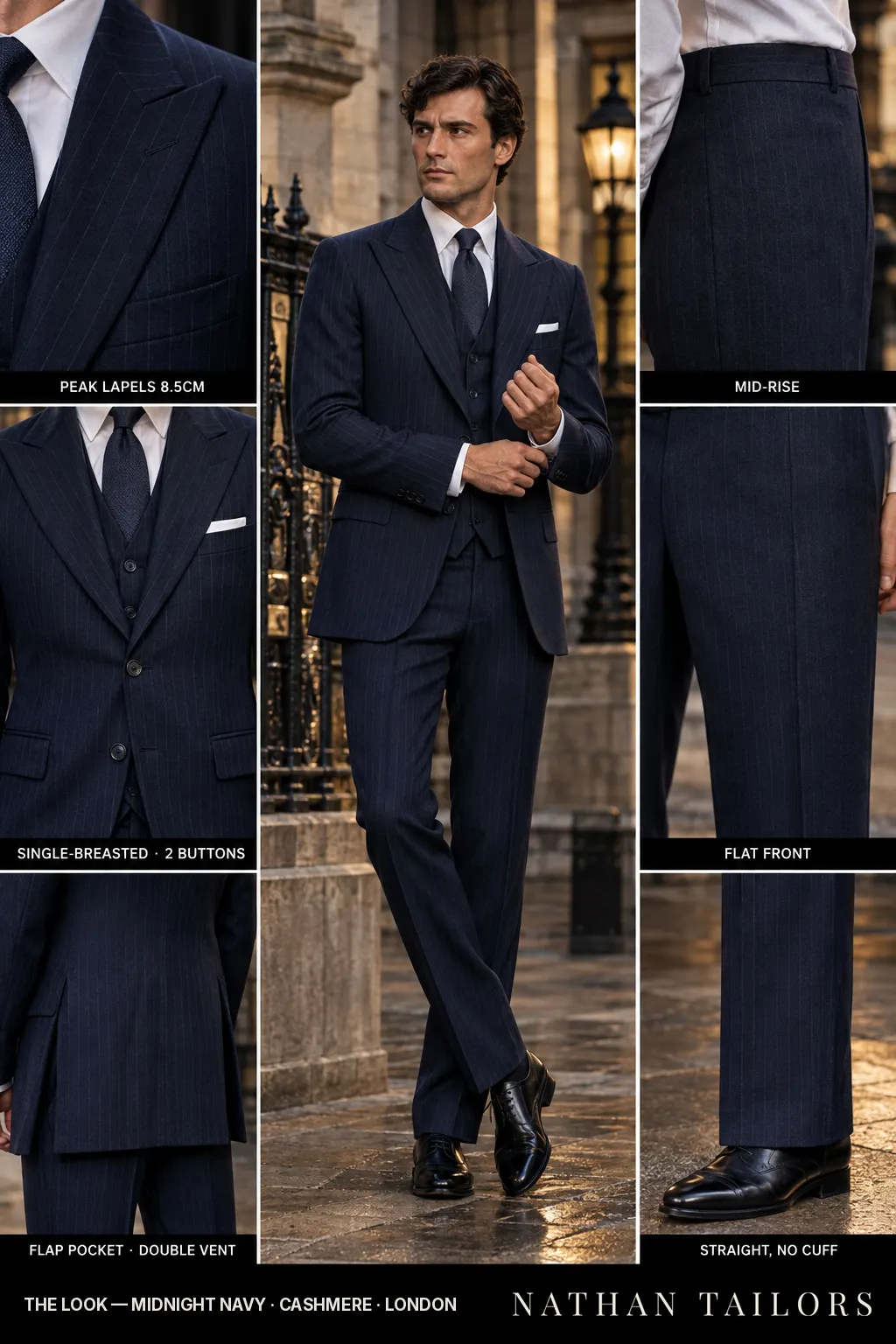 midnight navy pinstripe single-breasted bespoke suit — custom tailored by Nathan Tailors, the Hoi An custom tailor