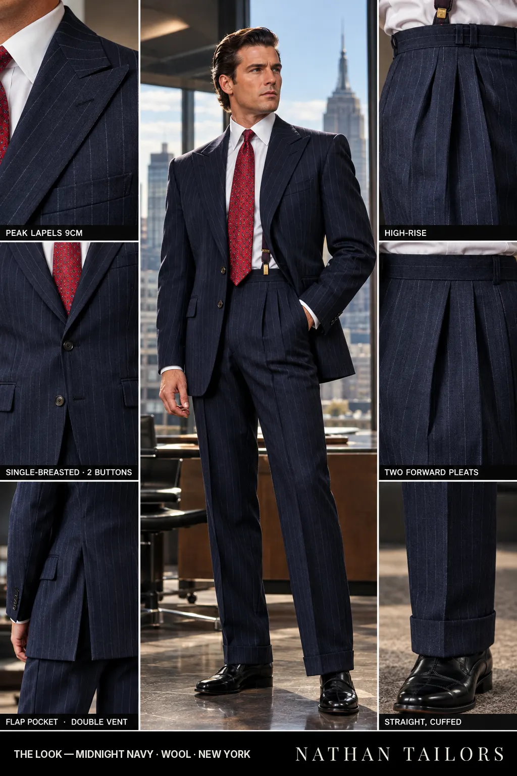 midnight navy pinstripe single-breasted bespoke suit โ custom tailored by Nathan Tailors, the Hoi An custom tailor