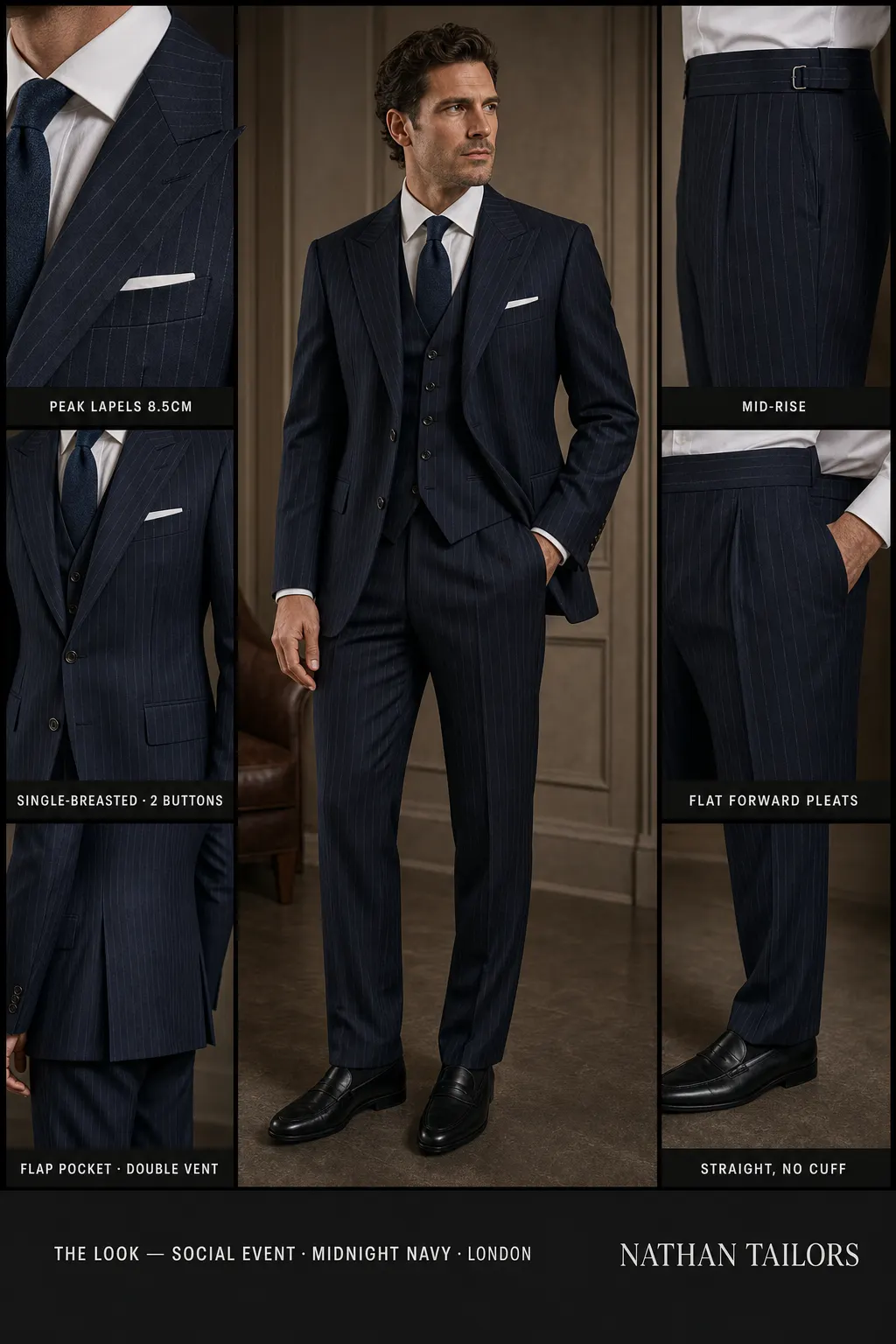 midnight navy pinstripe single-breasted peak-lapel bespoke suit โ AI-rendered by Nathan Tailors, the Hoi An custom tailor. Available as a custom tailored suit from $149.