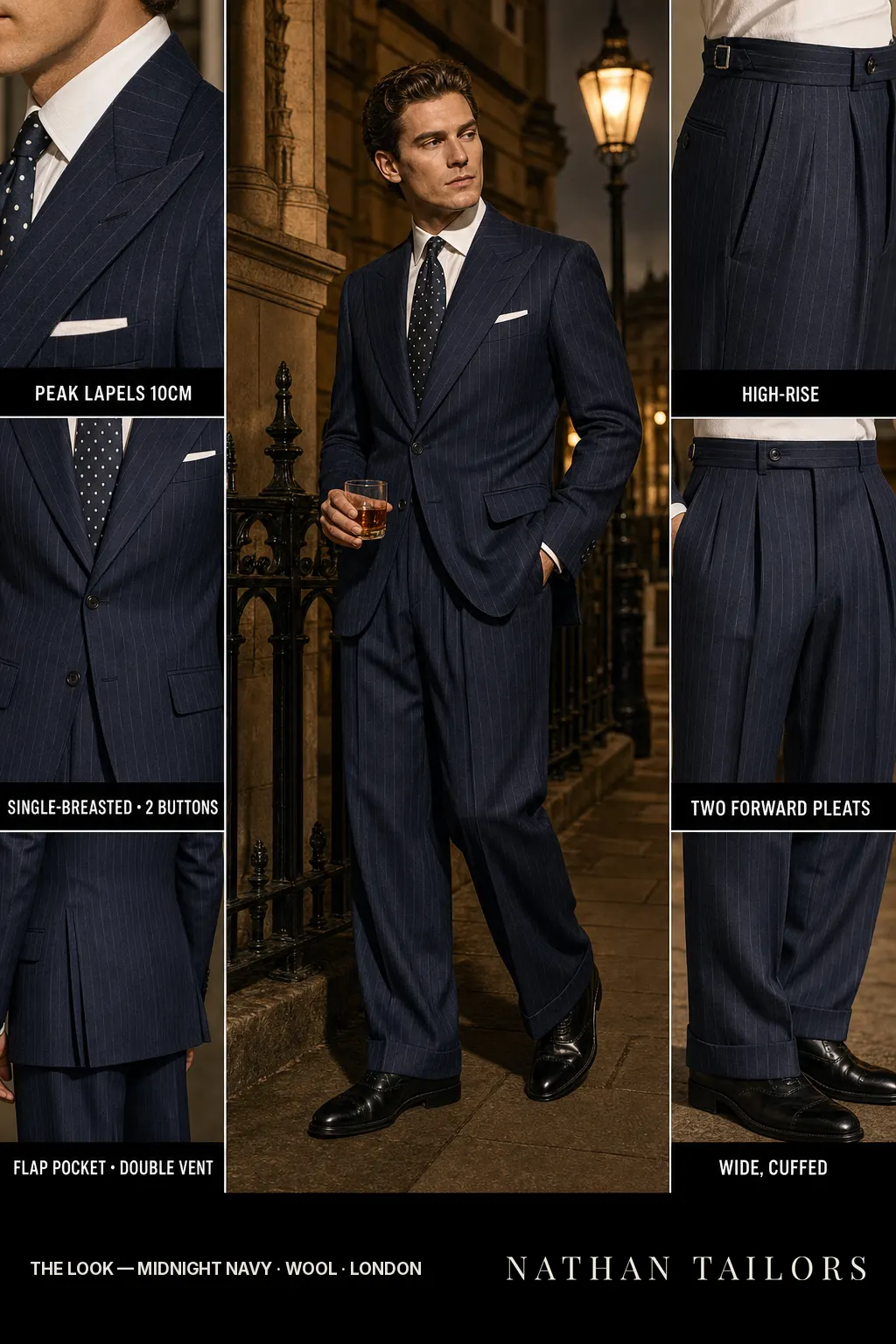 midnight navy pinstripe single-breasted peak-lapel bespoke suit — AI-rendered by Nathan Tailors, the Hoi An custom tailor. Available as a custom tailored suit from $149.