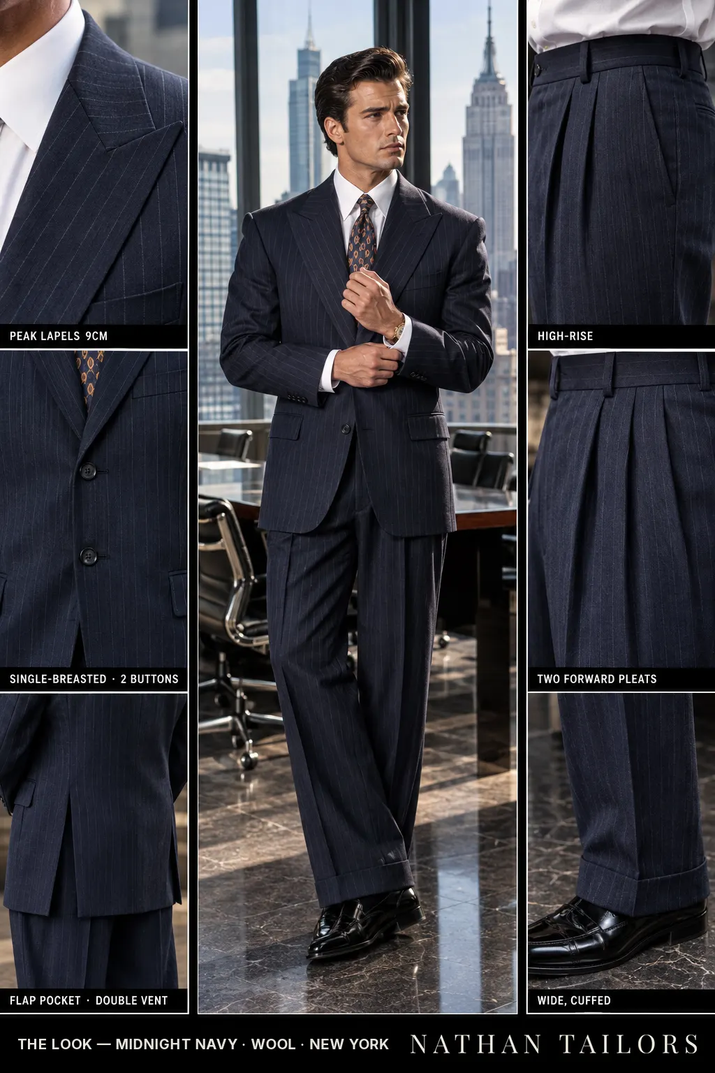 midnight navy pinstripe single-breasted bespoke suit โ custom tailored by Nathan Tailors, the Hoi An custom tailor