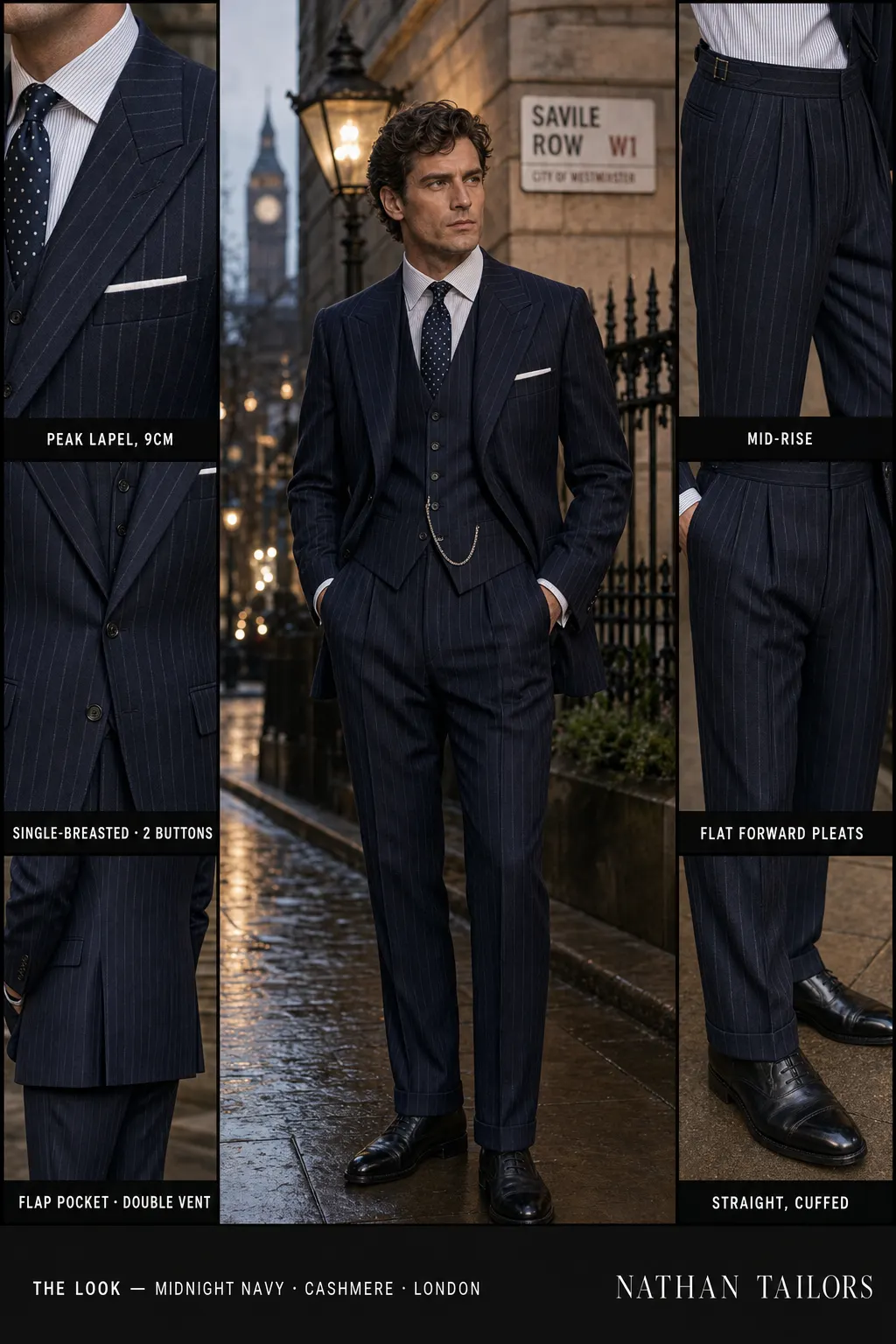 midnight navy pinstripe single-breasted peak-lapel bespoke suit — AI-rendered by Nathan Tailors, the Hoi An custom tailor. Available as a custom tailored suit from $169.