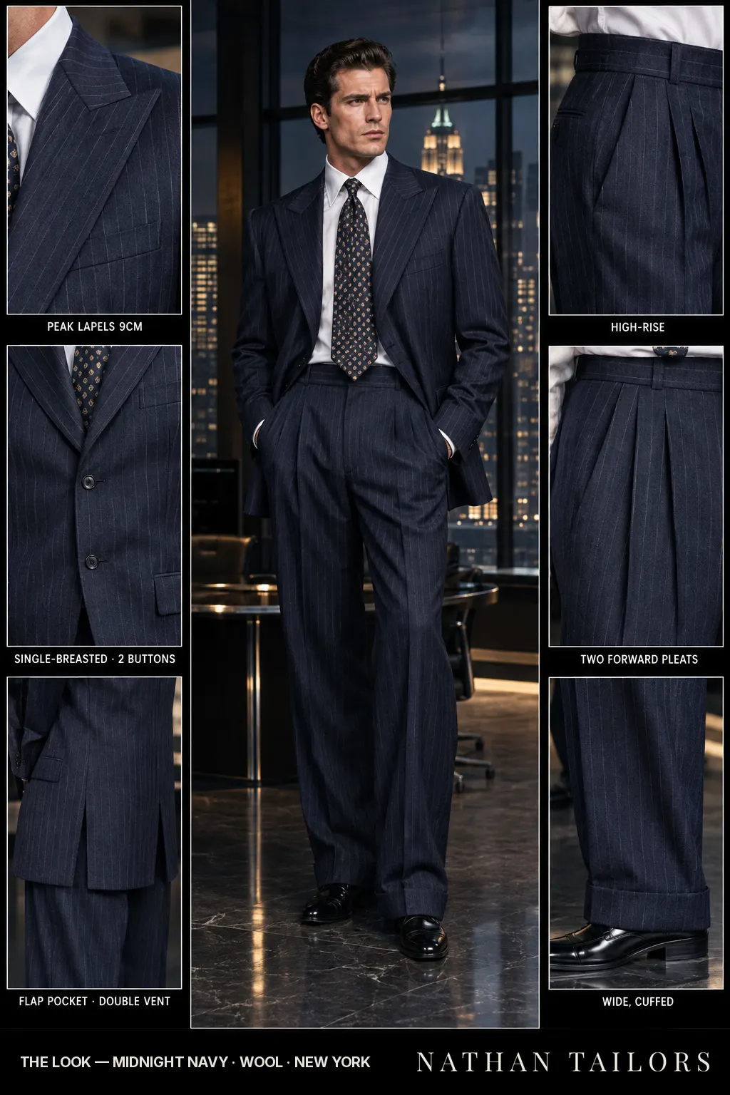 midnight navy pinstripe single-breasted bespoke suit โ custom tailored by Nathan Tailors, the Hoi An custom tailor