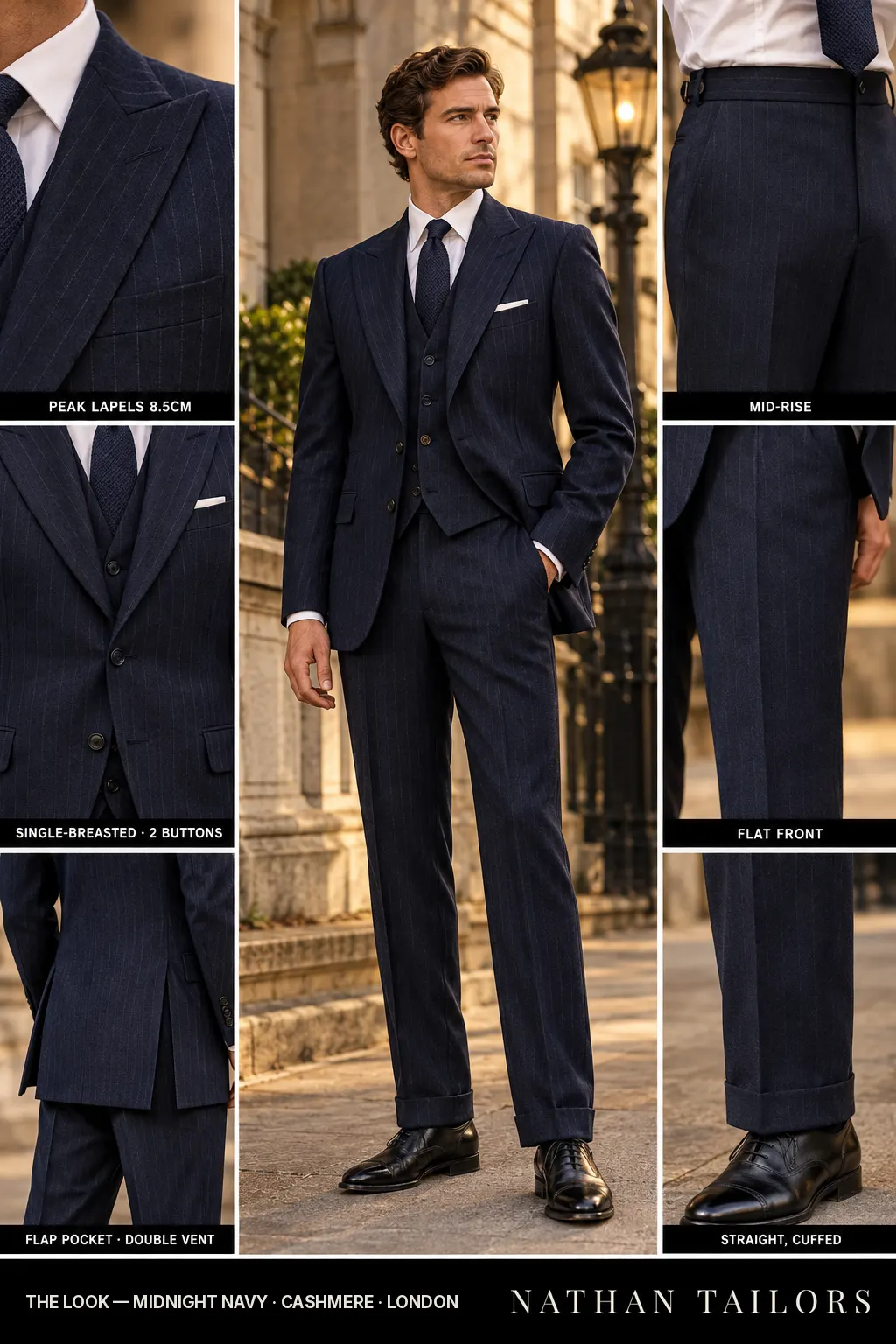 midnight navy pinstripe single-breasted bespoke suit — custom tailored by Nathan Tailors, the Hoi An custom tailor