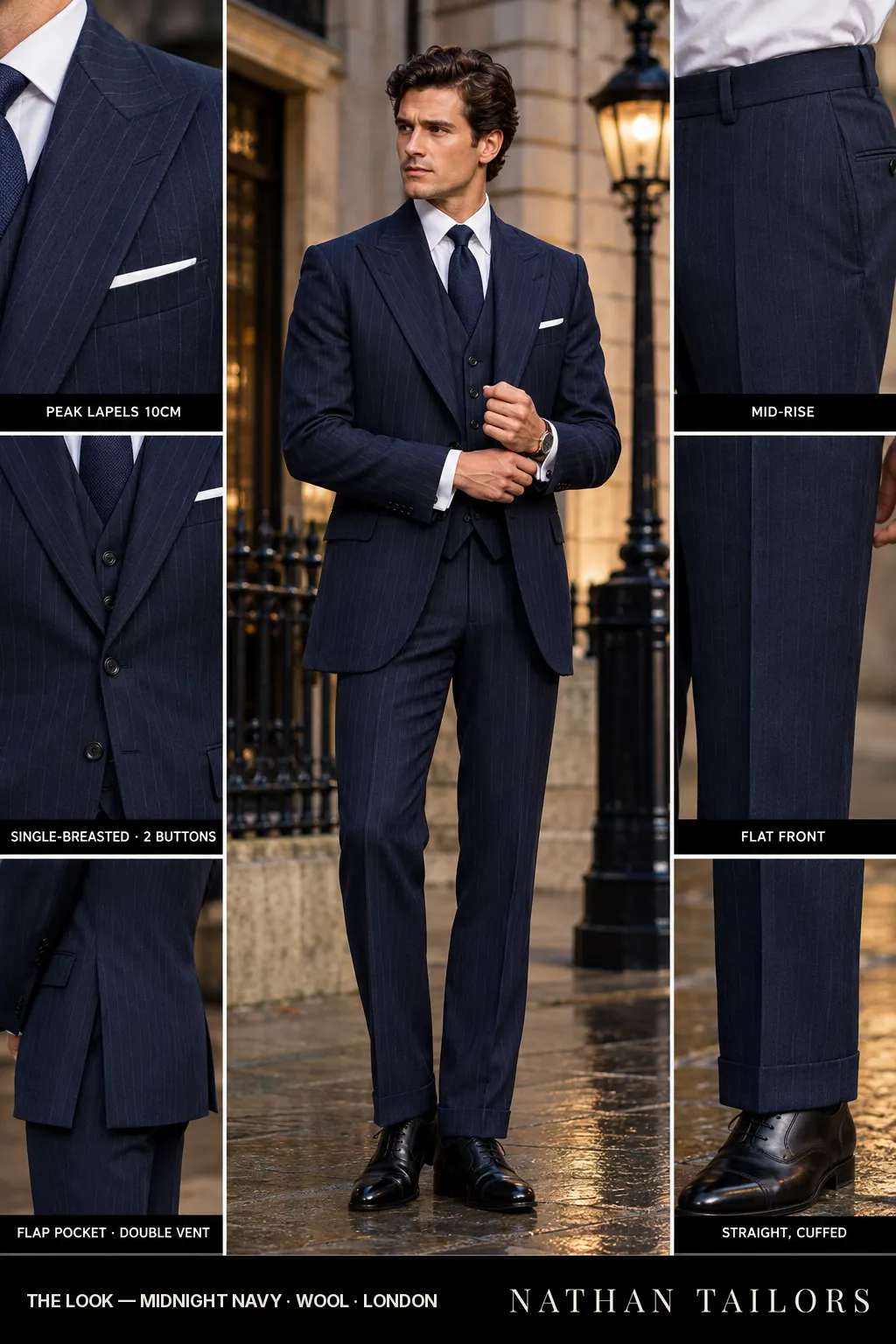midnight navy pinstripe single-breasted bespoke suit — custom tailored by Nathan Tailors, the Hoi An custom tailor