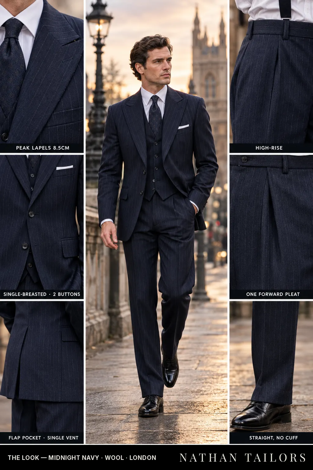midnight navy pinstripe single-breasted bespoke suit โ custom tailored by Nathan Tailors, the Hoi An custom tailor