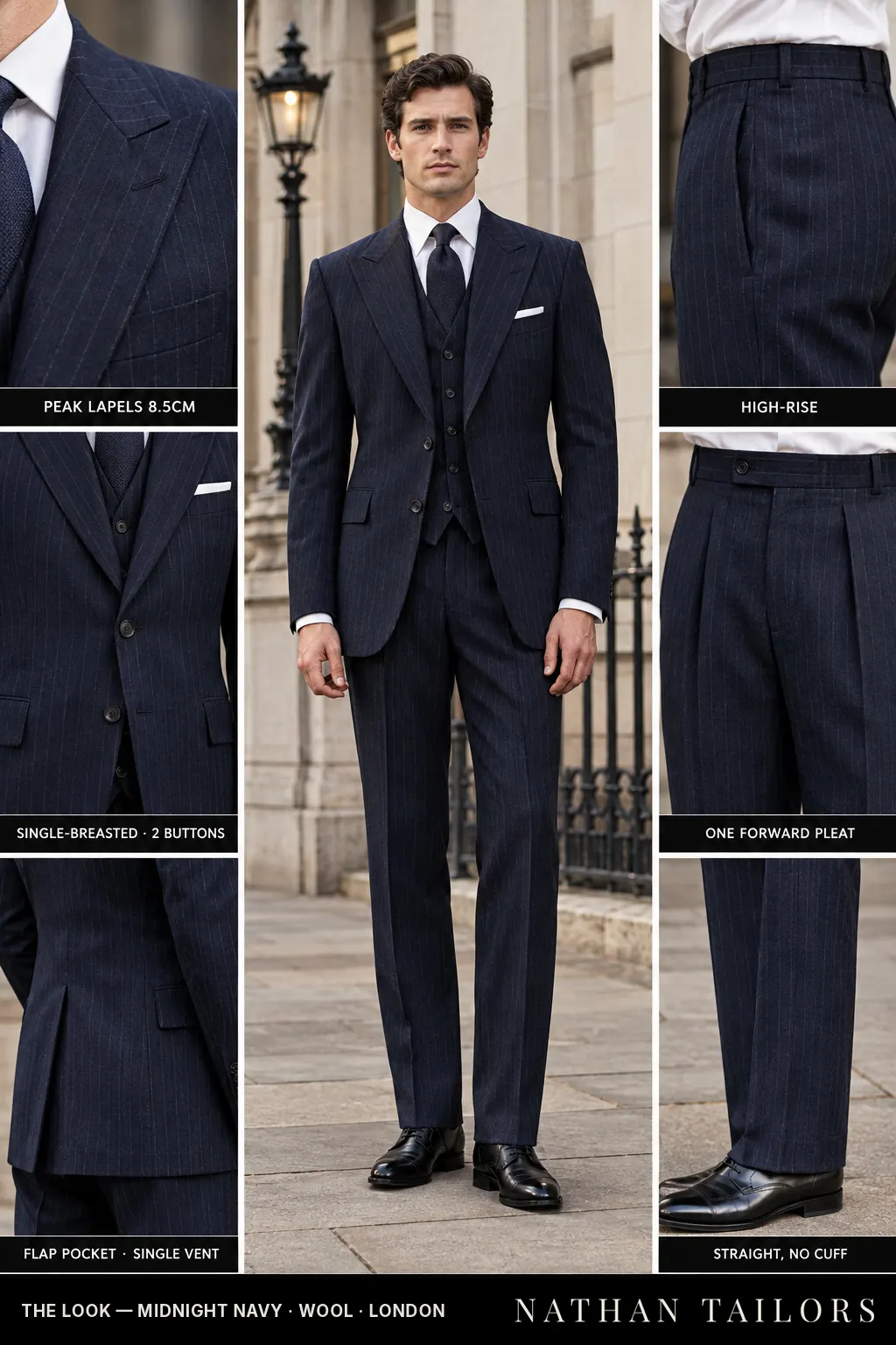 midnight navy pinstripe single-breasted bespoke suit โ custom tailored by Nathan Tailors, the Hoi An custom tailor