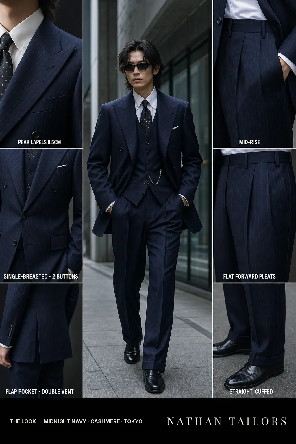 midnight navy pinstripe single-breasted peak-lapel bespoke suit โ AI-rendered by Nathan Tailors, the Hoi An custom tailor. Available as a custom tailored suit from $149.