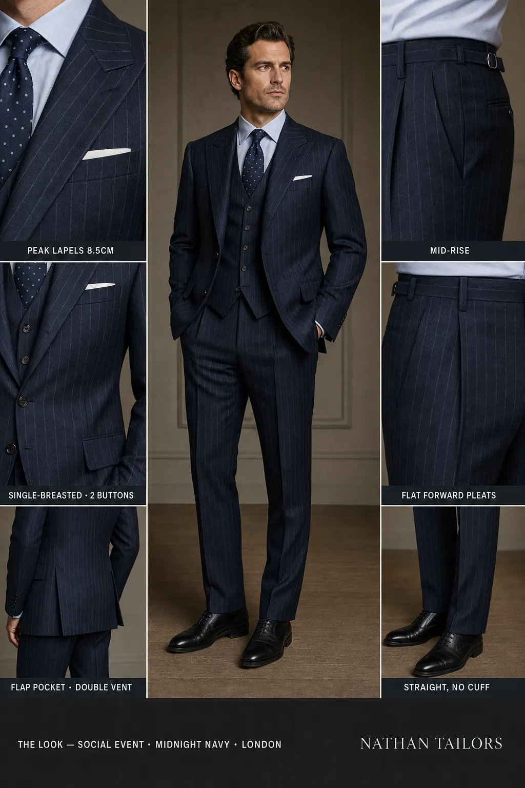 midnight navy pinstripe single-breasted peak-lapel bespoke suit — AI-rendered by Nathan Tailors, the Hoi An custom tailor. Available as a custom tailored suit from $149.