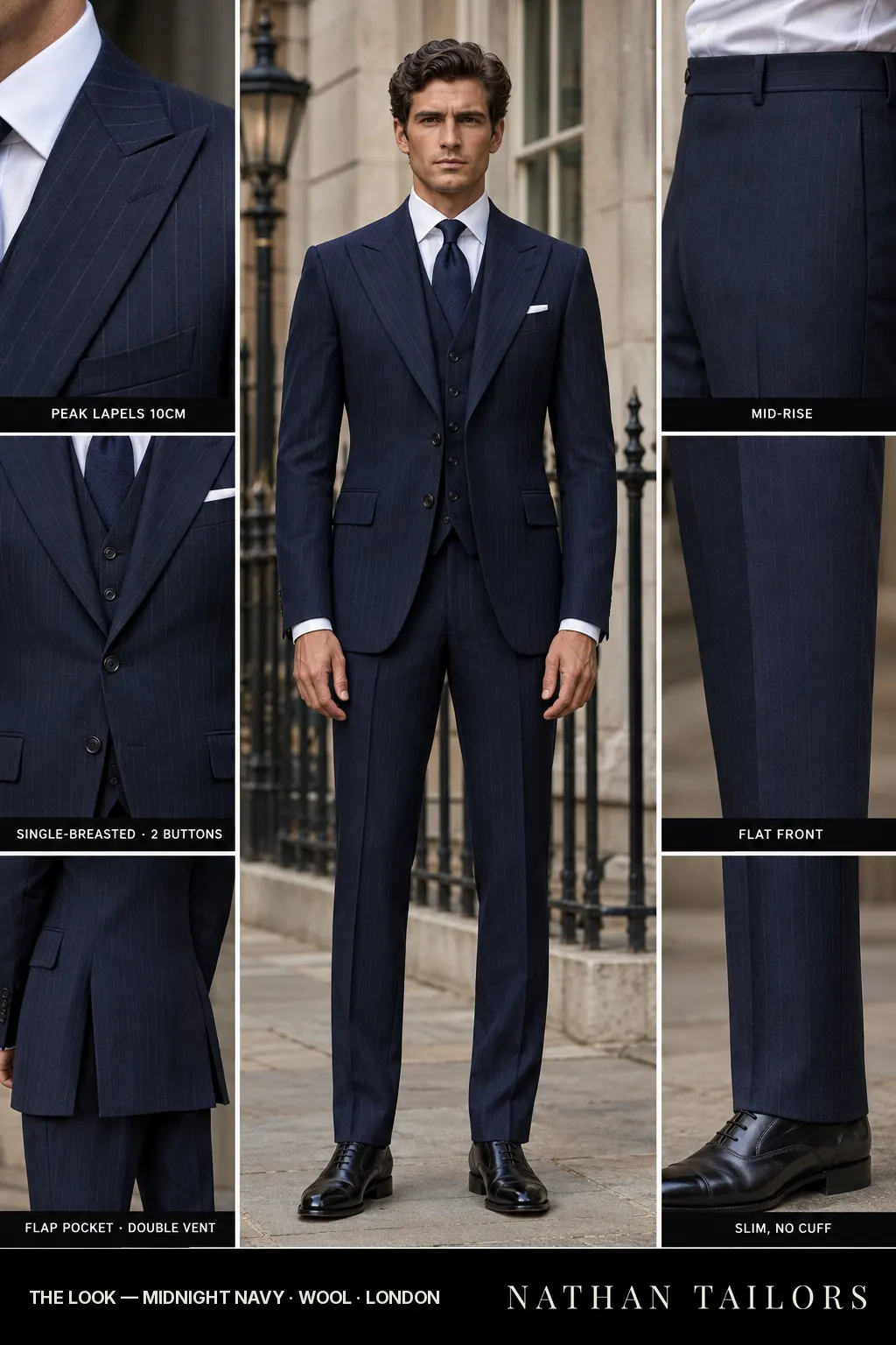 midnight navy pinstripe single-breasted bespoke suit โ custom tailored by Nathan Tailors, the Hoi An custom tailor