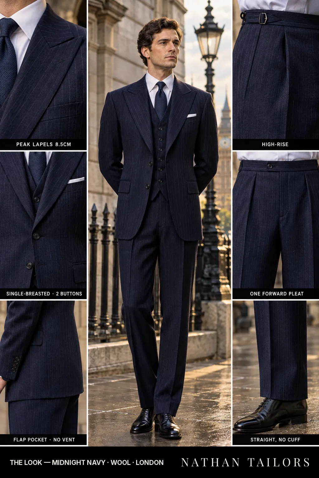 midnight navy pinstripe single-breasted bespoke suit โ custom tailored by Nathan Tailors, the Hoi An custom tailor