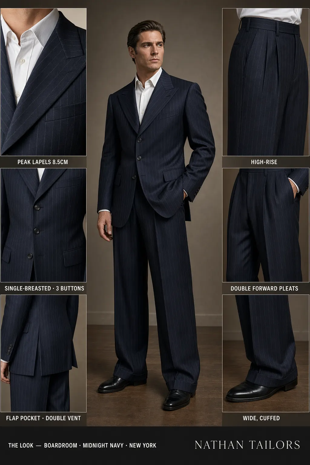 midnight navy pinstripe single-breasted peak-lapel bespoke suit — AI-rendered by Nathan Tailors, the Hoi An custom tailor. Available as a custom tailored suit from $149.