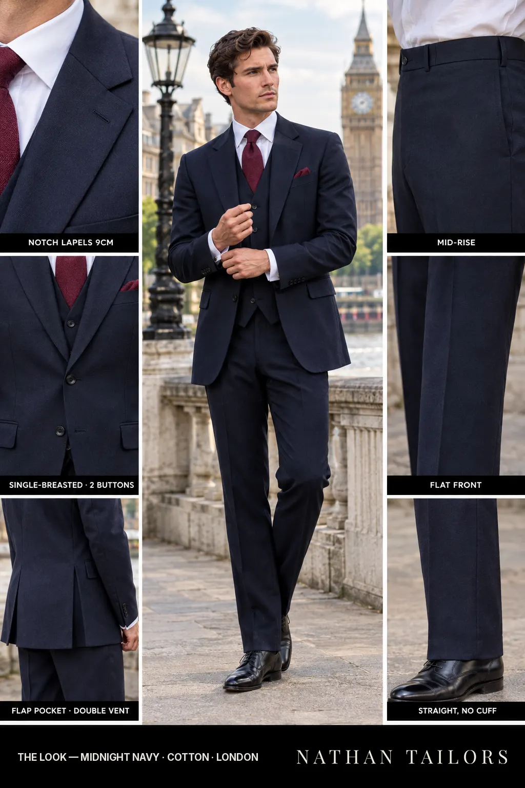 midnight navy single-breasted bespoke suit โ custom tailored by Nathan Tailors, the Hoi An custom tailor
