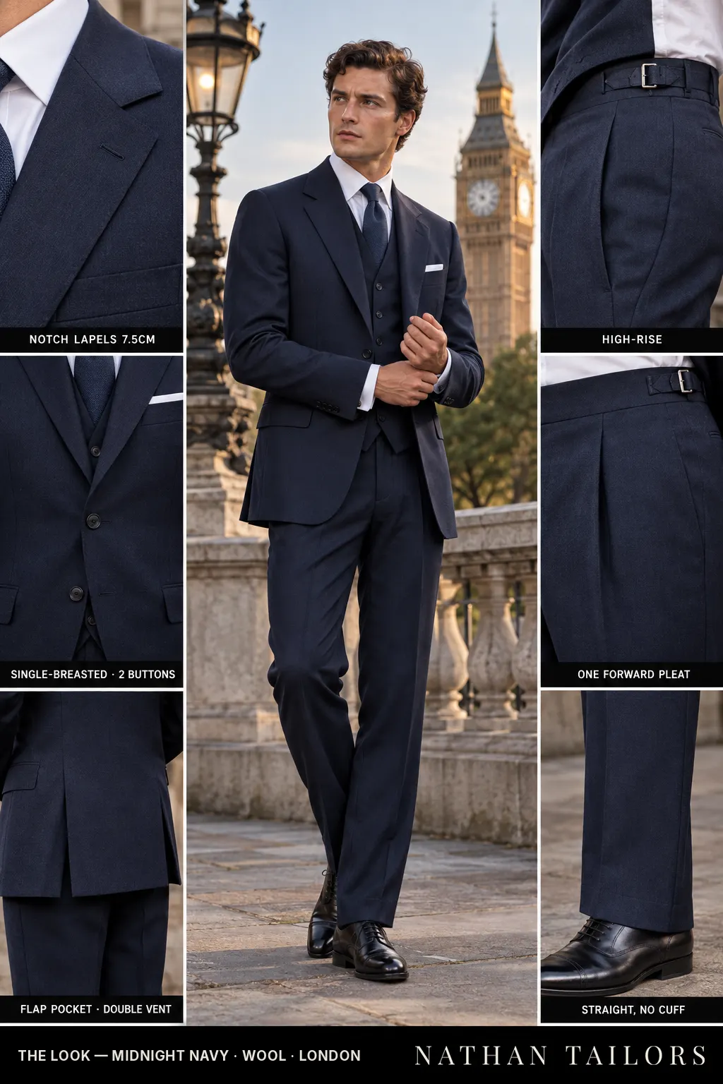 midnight navy single-breasted bespoke suit โ custom tailored by Nathan Tailors, the Hoi An custom tailor