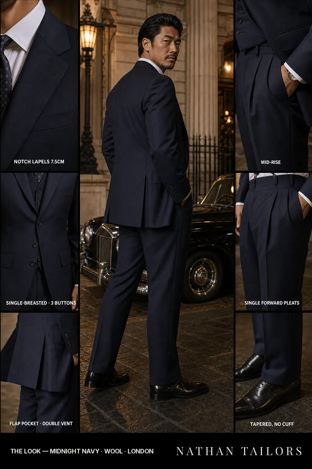 midnight navy single-breasted notch-lapel bespoke suit — AI-rendered by Nathan Tailors, the Hoi An custom tailor. Available as a custom tailored suit from $149.