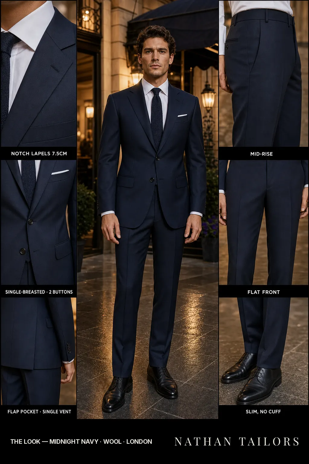 midnight navy single-breasted notch-lapel bespoke suit โ AI-rendered by Nathan Tailors, the Hoi An custom tailor. Available as a custom tailored suit from $149.