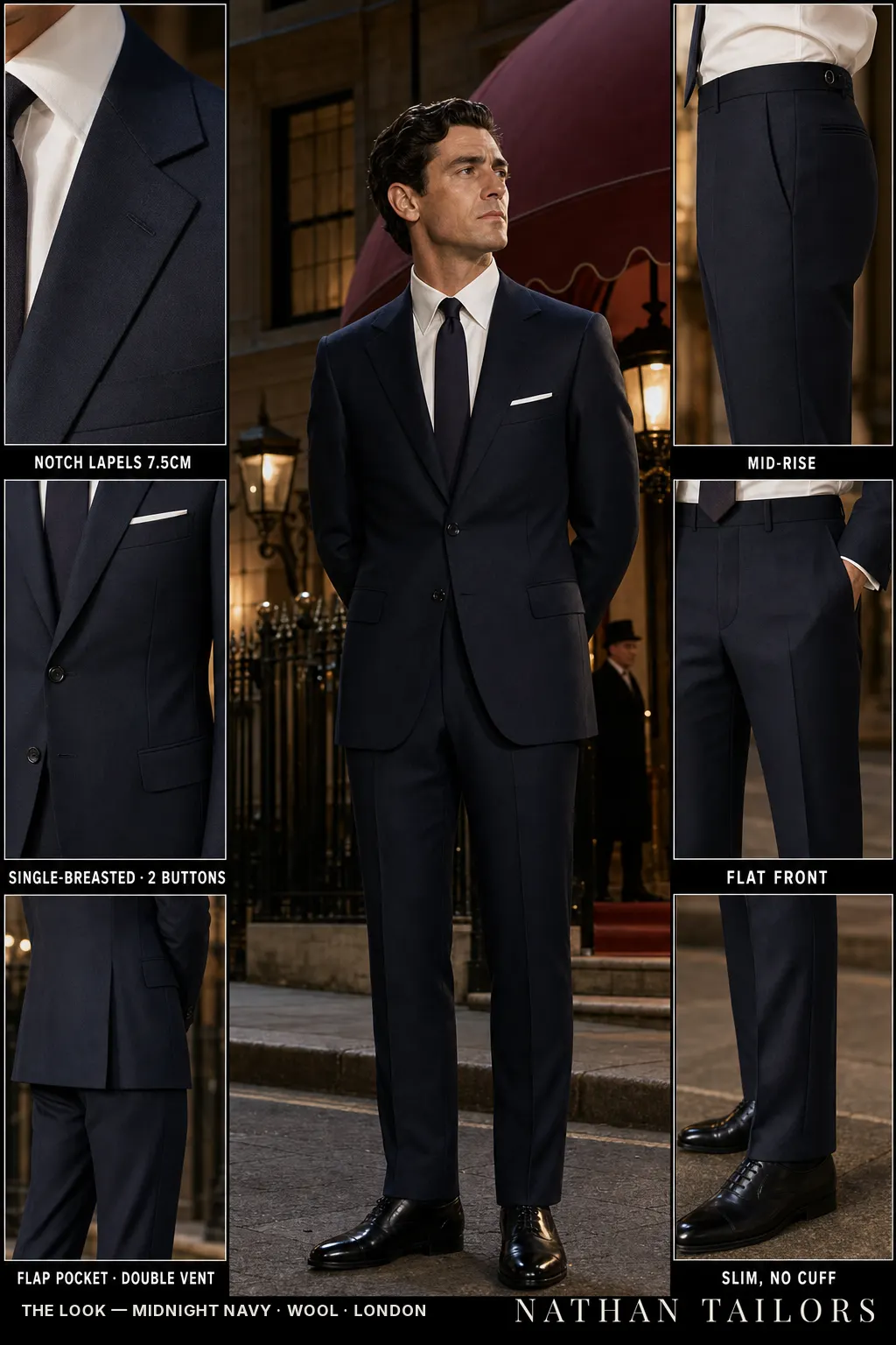 midnight navy single-breasted notch-lapel bespoke suit — AI-rendered by Nathan Tailors, the Hoi An custom tailor. Available as a custom tailored suit from $149.
