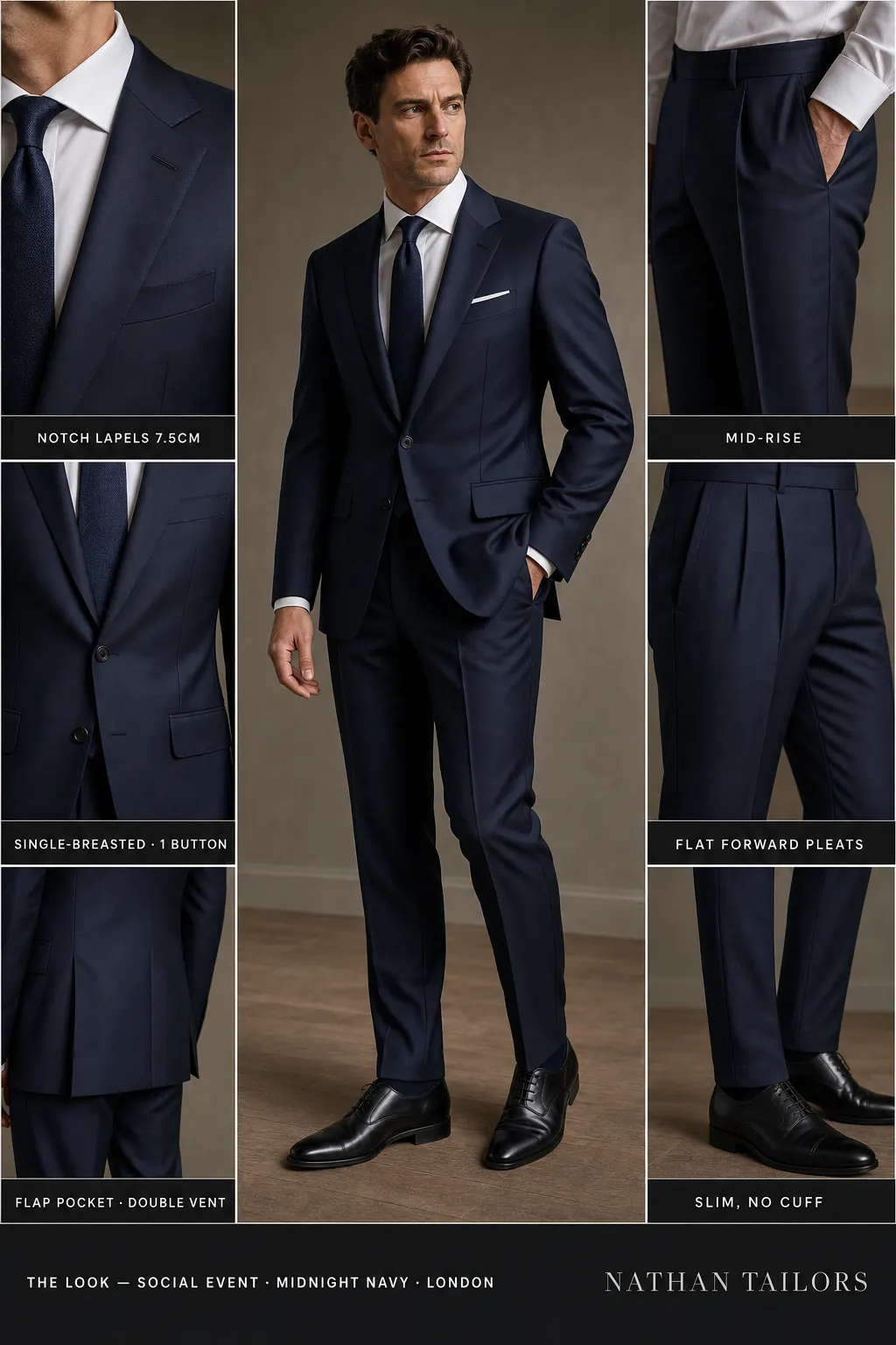 midnight navy single-breasted notch-lapel bespoke suit โ AI-rendered by Nathan Tailors, the Hoi An custom tailor. Available as a custom tailored suit from $149.