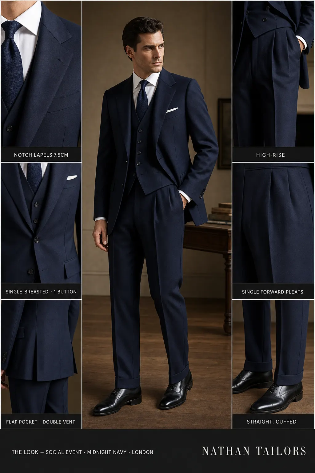 midnight navy single-breasted notch-lapel bespoke suit โ AI-rendered by Nathan Tailors, the Hoi An custom tailor. Available as a custom tailored suit from $149.