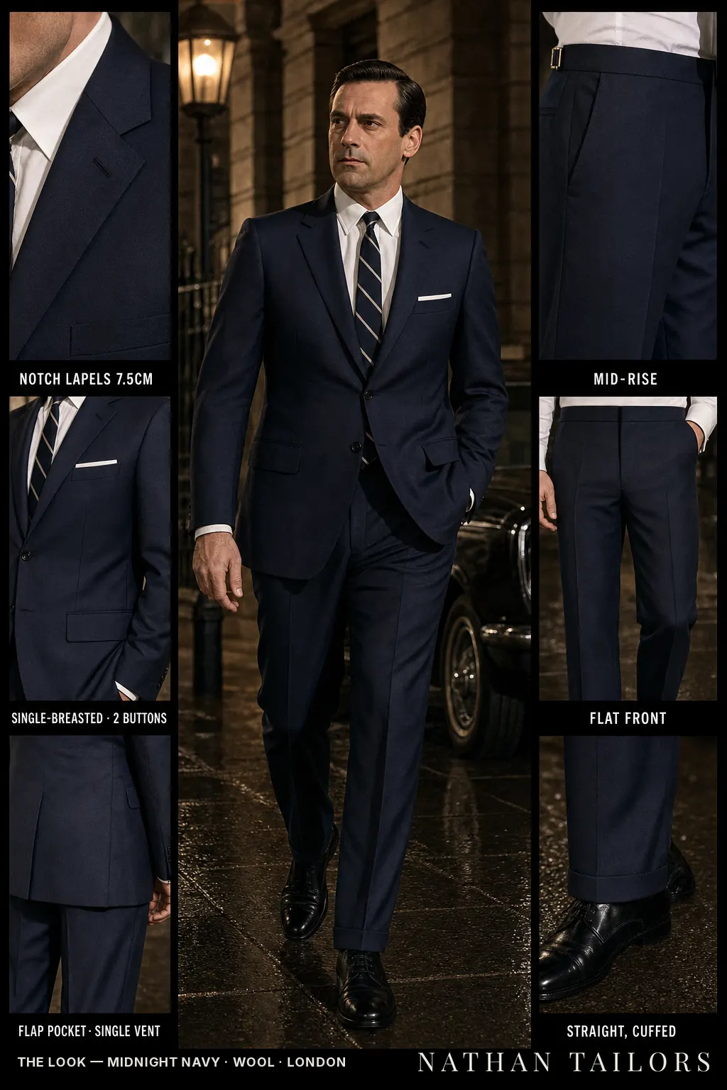 midnight navy single-breasted notch-lapel bespoke suit — AI-rendered by Nathan Tailors, the Hoi An custom tailor. Available as a custom tailored suit from $149.
