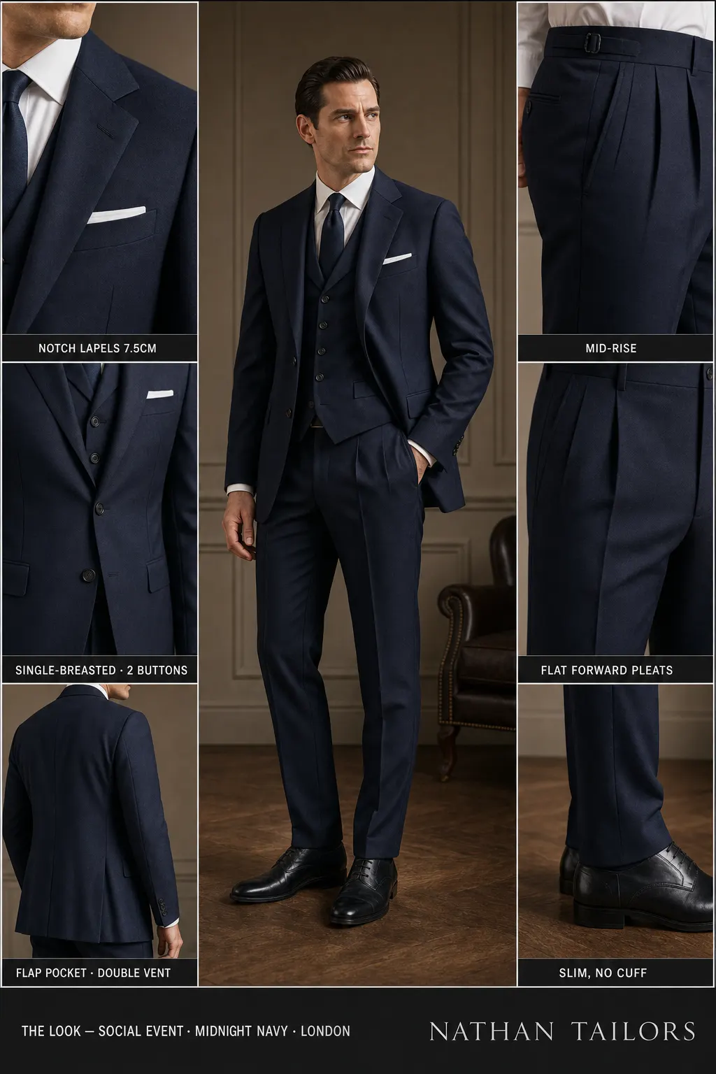midnight navy single-breasted notch-lapel bespoke suit — AI-rendered by Nathan Tailors, the Hoi An custom tailor. Available as a custom tailored suit from $149.